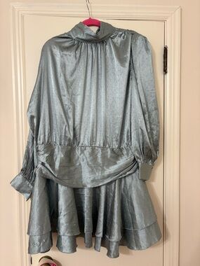 Fashion Nova Shimmery Silver Satin Long Sleeve Drop Waist Dress
